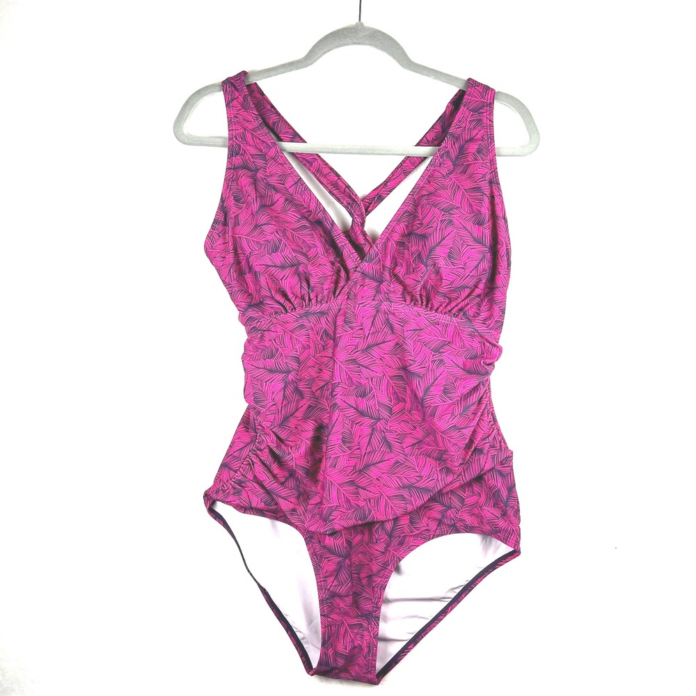 EDDIE BAUER‎ Pink Navy One Piece Swimsuit Women's Size L Criss Cross Back